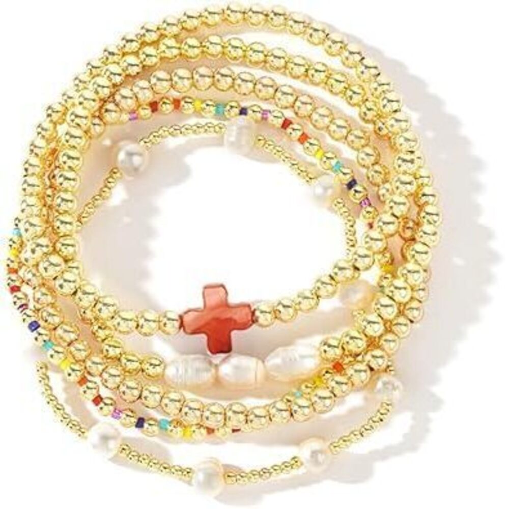14K Gold Pearl Beaded Cross Bracelets Stack Set For Women,Stretch Boho Colorful
